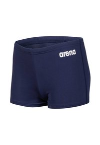 Mörkblå herrbadbyxor med den vita "arena"-logotypen på framsidan till höger, med en tajt passform och synliga sömmar.