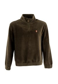Polo de canalé verde oscuro con cuello de media cremallera, puños fruncidos y un pequeño logo de árbol rosa en el pecho. Textura suave.
