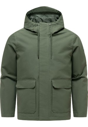 Kalesjejakke i olivengrønn med glidelås foran, hette med snor og to store klafflommer foran.