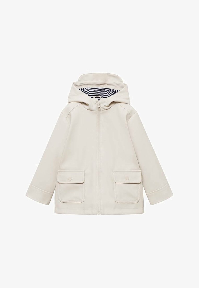 Bežna vodoodporna jakna s kapuco, sprednjim zadrgo, dvema velikima žepoma in črtastim notranjim oblogom. Gladka tekstura in preprost dizajn.