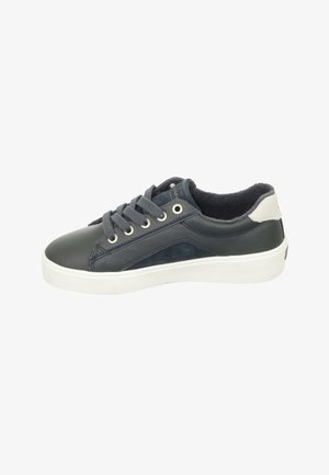 Navy leather sneaker with gray lace-up design, textured side panel, white rubber sole, and padded collar for comfort.