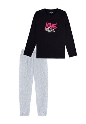 Schwarzes Langarmoberteil mit pink-weißer Grafik "LOVE GOOD NIGHTS", kombiniert mit grauen Schlafanzughosen mit elastischem Bund. Aus weichem Baumwollmaterial.