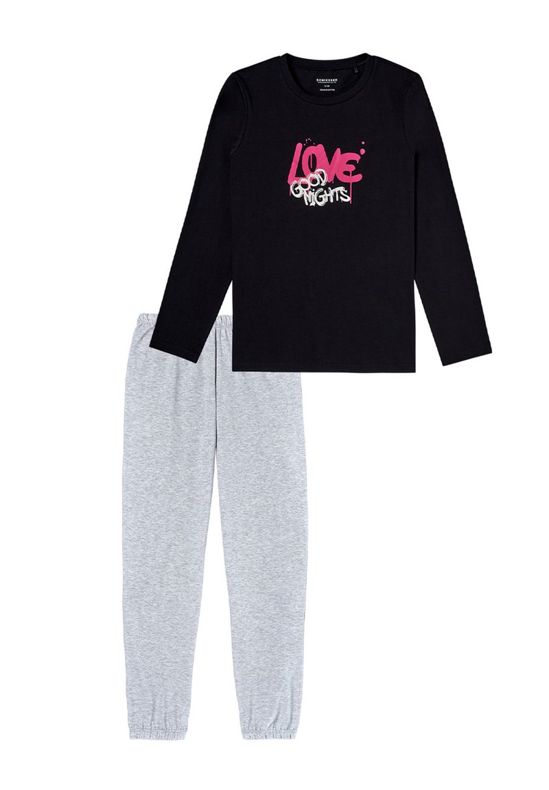 Schwarzes Langarmoberteil mit pink-weißer Grafik "LOVE GOOD NIGHTS", kombiniert mit grauen Schlafanzughosen mit elastischem Bund. Aus weichem Baumwollmaterial.