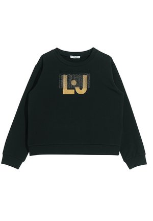 Sweatshirt noir avec un col rond, manches longues, arborant un design de logo "LJ" en paillettes dorées et argentées sur le devant. Texture du tissu douce.