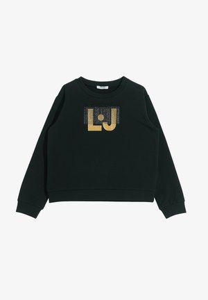 Czarna bluza z okrągłym dekoltem, długimi rękawami, z ozdobnym złotym i srebrnym logo "LJ" pokrytym brokatem z przodu. Miękka tekstura materiału.