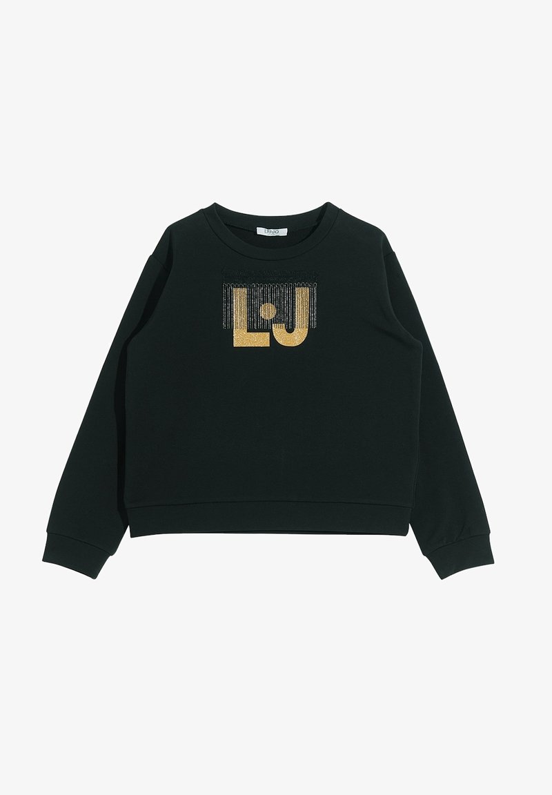 Sweatshirt noir avec un col rond, manches longues, arborant un design de logo "LJ" en paillettes dorées et argentées sur le devant. Texture du tissu douce.