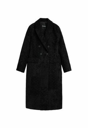 Black double-breasted coat with a textured pattern, notched lapels, side pockets, and fabric-covered buttons. Long sleeves and knee-length design.
