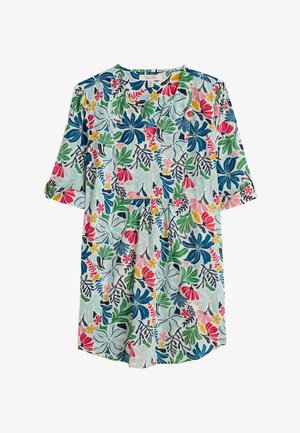 Blusentunika mit floralem Muster in hellblau, verziert mit grünen, rosa und roten Blättern und Blumen. Kurze Ärmel, V-Ausschnitt und Taillendetail.
