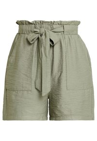 Světlounce zelené šortky s vysokým pasem, texturovanou tkaninou, páskem na zavazování v pase a dvěma bočními kapsami.