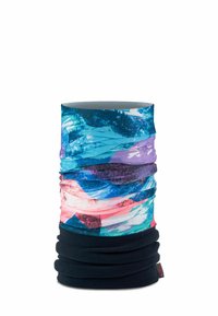 Gaiter de cuello multicolor con un diseño abstracto en azul y púrpura sobre un fondo negro. Fabricado en un tejido flexible y ligero. Construcción sin costuras.