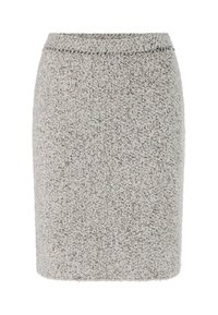 Short wool skirt, textured beige and cream fabric, fitted shape, elastic waistband, knee-length, no visible fastenings or patterns.