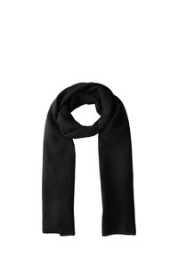 Sciarpa nera a maglia, realizzata in tessuto morbido, con un corpo liscio e estremità a costine. Forma arrotondata, leggera, adatta per l'autunno e l'inverno.