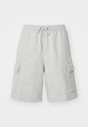 Shorts cargo en coton gris avec une taille élastique, un cordon de serrage et deux poches latérales. Marquage minimal à l'avant. Texture douce.