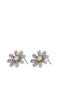 Orecchini floreali argentati presentano forme a petalo adornate con strass trasparenti e un disco centrale color oro. Ganci per una vestibilità sicura.