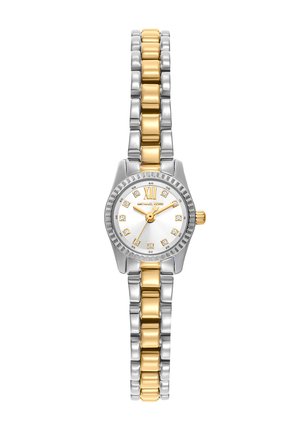 Orologio bracciale in metallo bicolore argento e oro con quadrante bianco rotondo, lancette dorate, numero romano dodici e indici delle ore in cristallo.