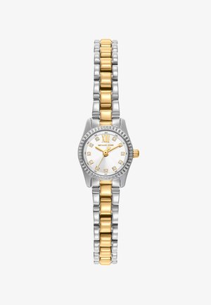 Zweifarbige Silber- und Goldarmbanduhr mit rundem weißem Zifferblatt, goldenen Zeigern, römischer Zwölf und Kristall-Stundenmarkierungen.