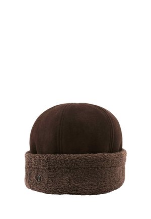 Brown winter hat with soft fabric top and thick, textured, fold-up fleece brim, shown against a plain white background.