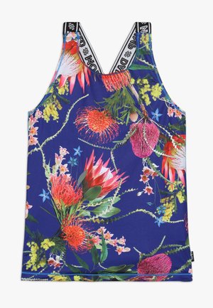 Floral-Tanktop in Marineblau, mit lebhaften tropischen Motiven in Pink, Rot und grünen Akzenten. Baumwoll-Mischung mit verstellbaren Trägern.