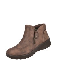 Botas de tobillo de imitación cuero marrón con cremallera lateral, punta redondeada y acabado texturizado. Presentan una suela negra gruesa y acolchada.