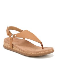 Tan leather sandals feature a toe post design, adjustable ankle strap, cork-wrapped sole, and a cushioned footbed for comfort.