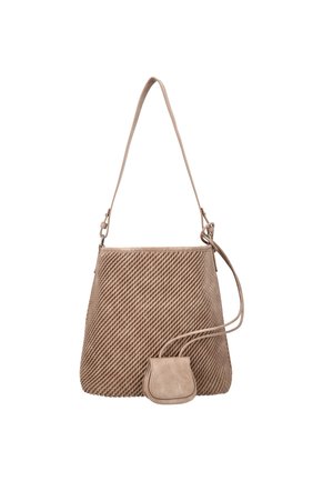 Beige gestructureerde schoudertas met lange riem en klein aangehecht zakje, eenvoudig en modern design op witte achtergrond.
