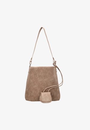Beige gestructureerde schoudertas met lange riem en klein aangehecht zakje, eenvoudig en modern design op witte achtergrond.