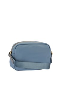 Borsa in nylon blu con forma arrotondata, zip dorata e tracolla grigia regolabile. Texture liscia senza motivi o accenti visibili.