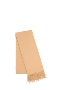 Sciarpa beige realizzata in morbido tessuto, forma rettangolare con dettagli in frange a un'estremità, texture liscia, adatta per sovrapporre o per tenere caldo.