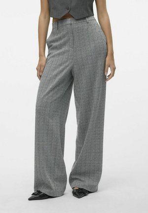 Pantalons gris à motif avec une coupe large, présentant une coupe ajustée, un motif à carreaux subtil et une taille mi-haute.