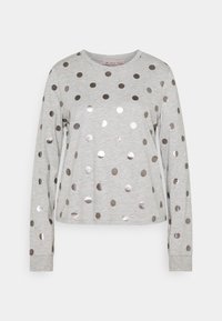 Grau sweatshirt mit langen Ärmeln, metallischen Punkten, rundem Ausschnitt und lockerer Passform. Weicher Stoff mit gerippten Bündchen und Saum.