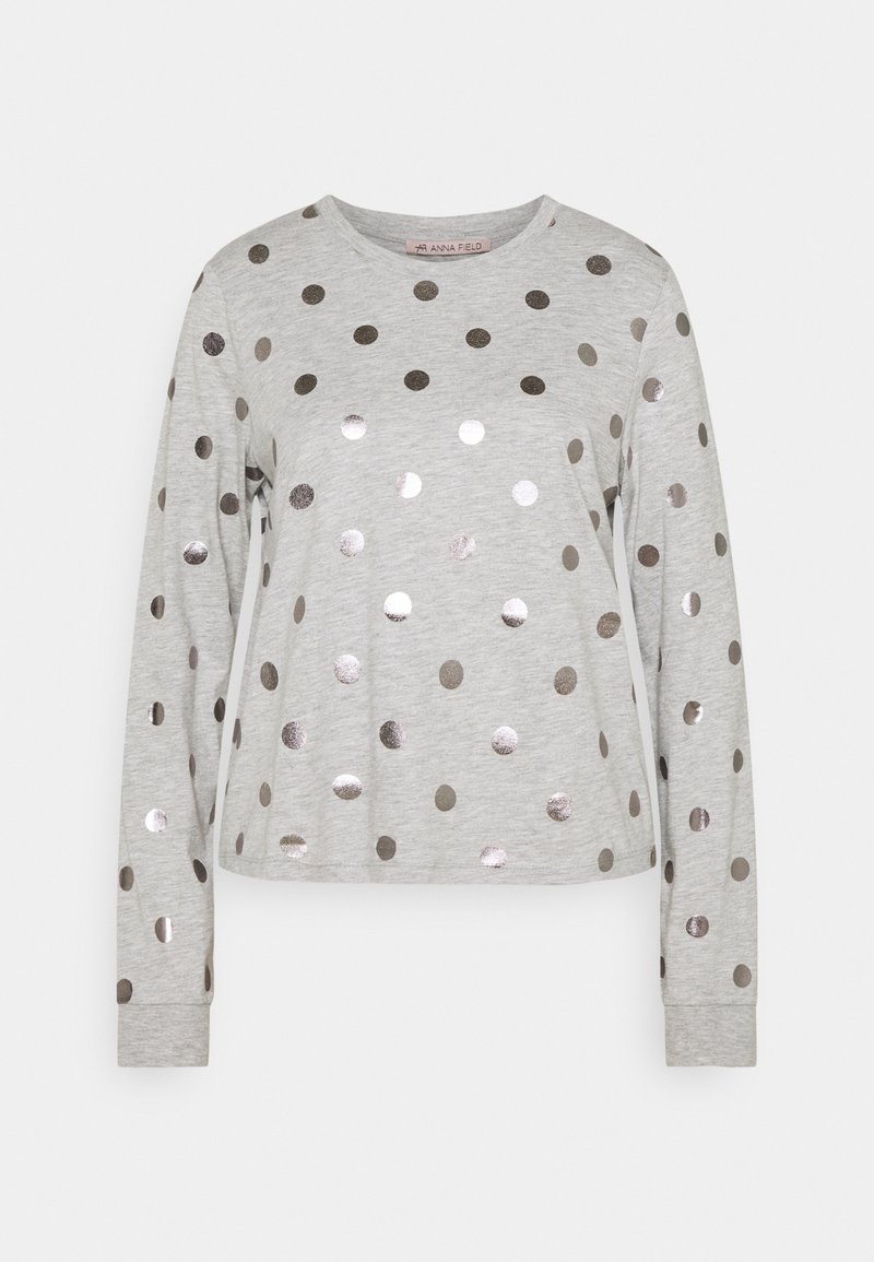 Grau sweatshirt mit langen Ärmeln, metallischen Punkten, rundem Ausschnitt und lockerer Passform. Weicher Stoff mit gerippten Bündchen und Saum.