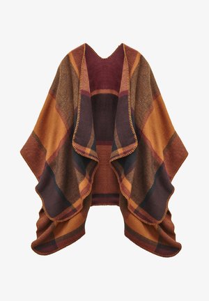 Plaid wrap in shades of brown, burgundy, and orange, featuring a soft texture and fringed edges, with a V-shaped neckline and open front.