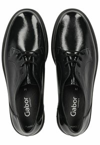 Schwarze Lederschuhe mit glänzender Oberfläche, runder Zehenform und Schnürdesign. "Gabor comfort" auf den Innensohlen aufgedruckt. Glatte Seiten.