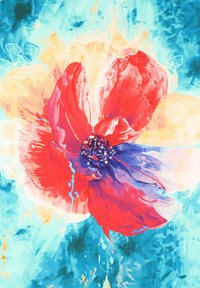 Abstrakcyjny kwiatowy wzór z dużym czerwonym kwiatem, którego płatki przechodzą w odcienie pomarańczowego i niebieskiego, na turkusowym tle.