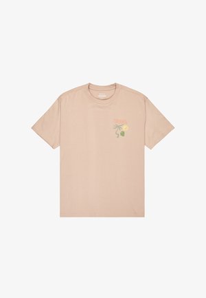 T-shirt in cotone rosa chiaro con maniche corte, caratterizzato da una piccola grafica colorata di un volto e di un sole nella parte sinistra del petto.