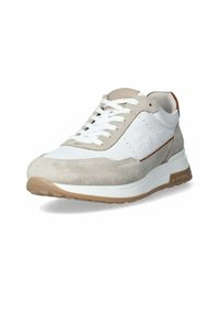 Sneaker con lacci in pelle bianca e suede beige. Presenta una suola ammortizzata e dettagli testurizzati con una suola in gomma; brandizzazione sottile visibile.