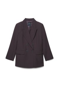 Blazer double boutonnage en prune foncé avec un col cranté, deux poches avant et boutons noirs brillants. Tissu lisse et coupe structurée.