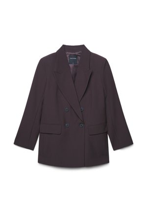 Blazer double boutonnage en prune foncé avec un col cranté, deux poches avant et boutons noirs brillants. Tissu lisse et coupe structurée.
