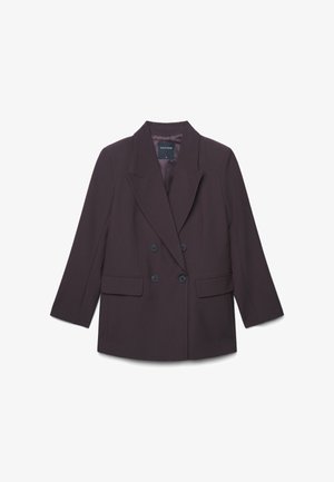 Dunkel-lila doppelreihiger Blazer mit Reverskragen, zwei vorderen Taschen und glänzenden schwarzen Knöpfen. Glattes Material und strukturierte Passform.