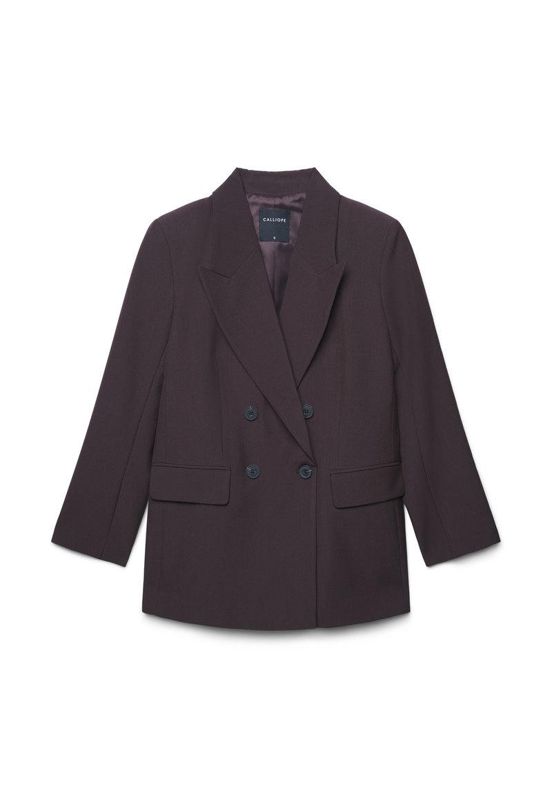 Blazer double boutonnage en prune foncé avec un col cranté, deux poches avant et boutons noirs brillants. Tissu lisse et coupe structurée.