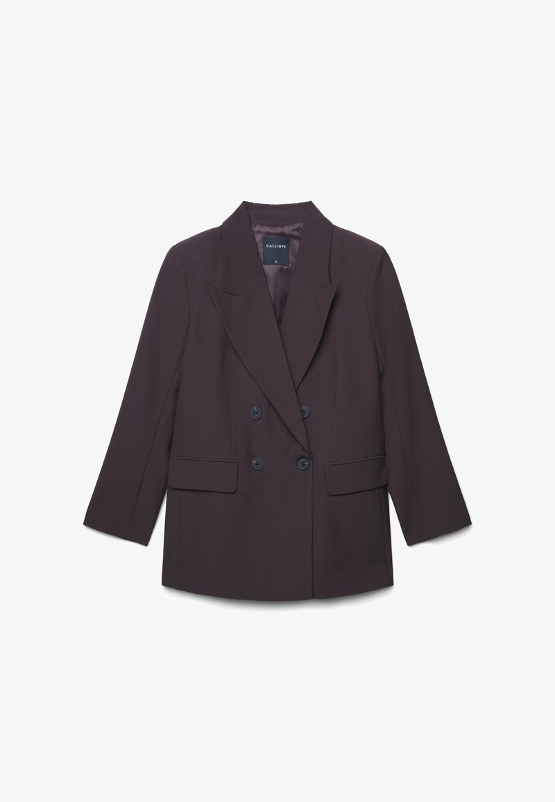 Dunkel-lila doppelreihiger Blazer mit Reverskragen, zwei vorderen Taschen und glänzenden schwarzen Knöpfen. Glattes Material und strukturierte Passform.