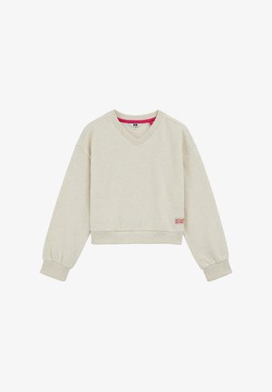 Gaiši beidzīgs V-veida izgriezuma cropped džemperis ar svītrojumu. Iekļauj ribotas piedurknes, jostu un rozā akcentu izgriezuma iekšpusē.