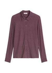Chemise à manches longues en tissu bourgogne foncé, avec un motif géométrique blanc, un col traditionnel et une fermeture à boutons.