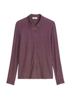 Long-sleeve shirt in dark burgundy fabric, featuring a geometric white pattern, traditional collar, and button front closure.
