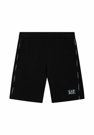 Pantaloncini sportivi neri con vita elastica, logo bianco EA7 Emporio Armani sulla gamba sinistra e strisce laterali con marchio.