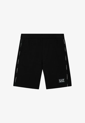 Pantaloncini sportivi neri con vita elastica, logo bianco EA7 Emporio Armani sulla gamba sinistra e strisce laterali con marchio.