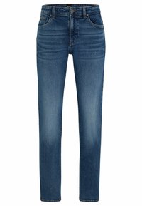 Mörkblå denimjeans med rak passform, fem fickor och subtila blekningar. Har sömnadsdetaljer och en klassisk knäppning.