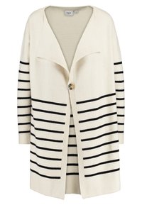 Kremowy kardigan z czarnymi paskami, z otwartym przodem i oversize'owym kołnierzem. Wykonany z miękkiego materiału, z pojedynczym okrągłym zapięciem.