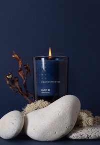 Svart glasljus från Skandinavisk med en tänd veke, med blå text. Omgivande stenar och lav arrangerade dekorativt.