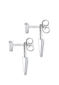 Silberohrringe mit geometrischem Design, das einen verjüngten Punkt und einen kreisförmigen Akzent aufweist, die mit einem glatten Metall-Finish glänzen.